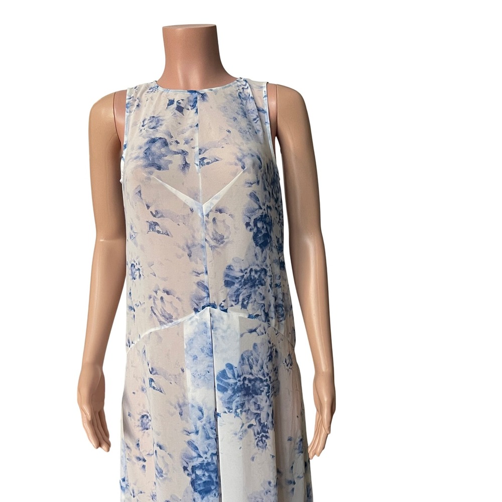 Keepsake Blue White Watercolor Floral Sheer Maxi Dress Sleeveless Small - Picture 5 of 12